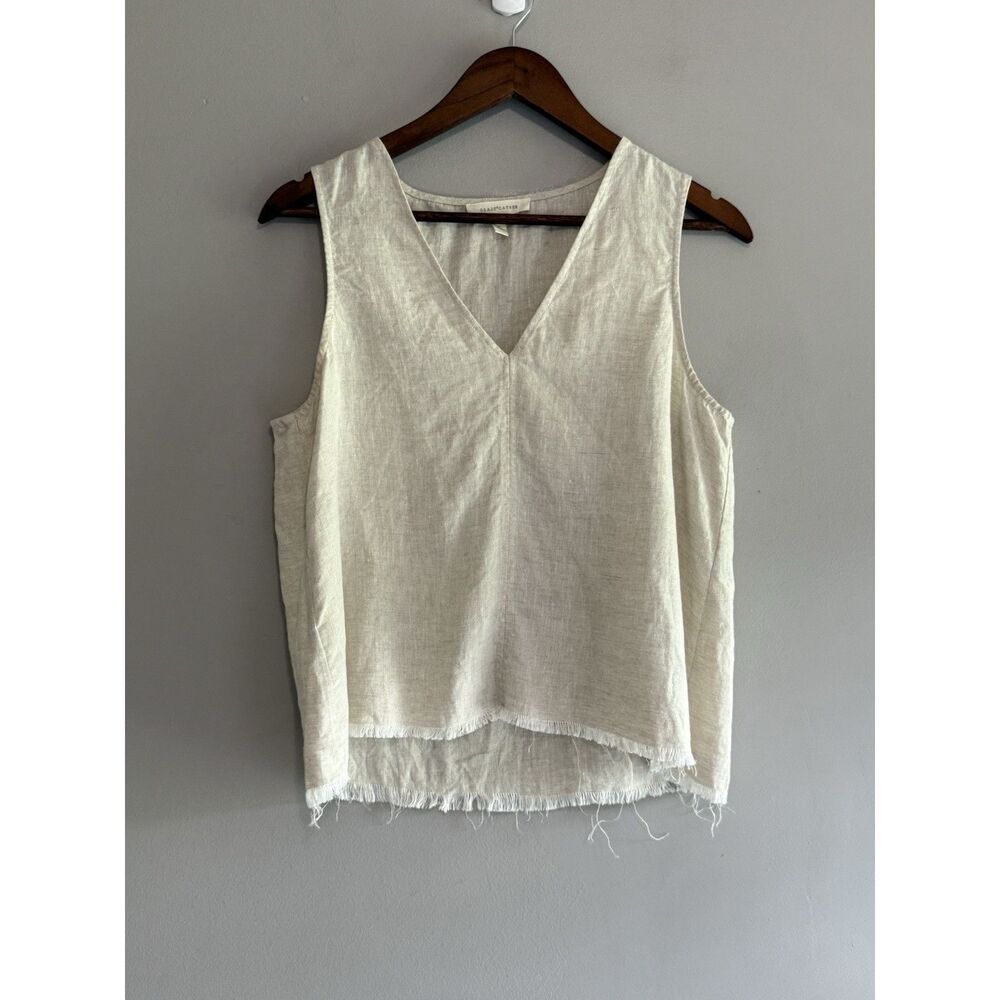 Grade & Gather Linen V Neck Top Fray Raw Hem Beige Neutral Lagenlook Beach Med